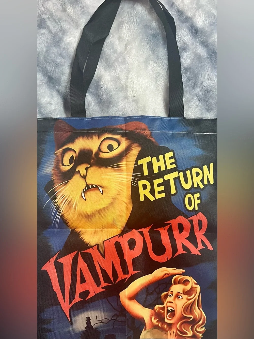 Vampurr Cat Graphic Tote Bag in Black and Yellow